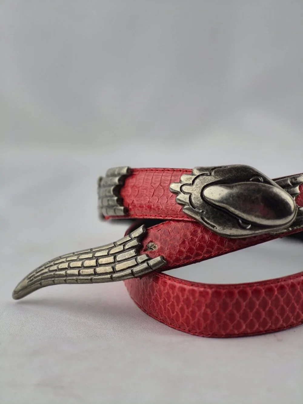 Vintage Morgan Taylor Red Snakeskin Belt Silver-Tone Metal Snake Head & Tail Med